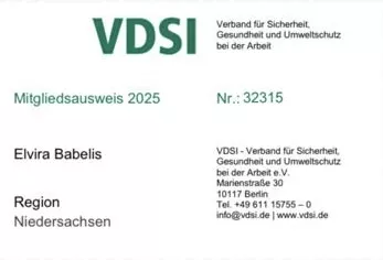 Mitgliedsausweis VDSI Babelis, Arbeitssicherheit Hannover
